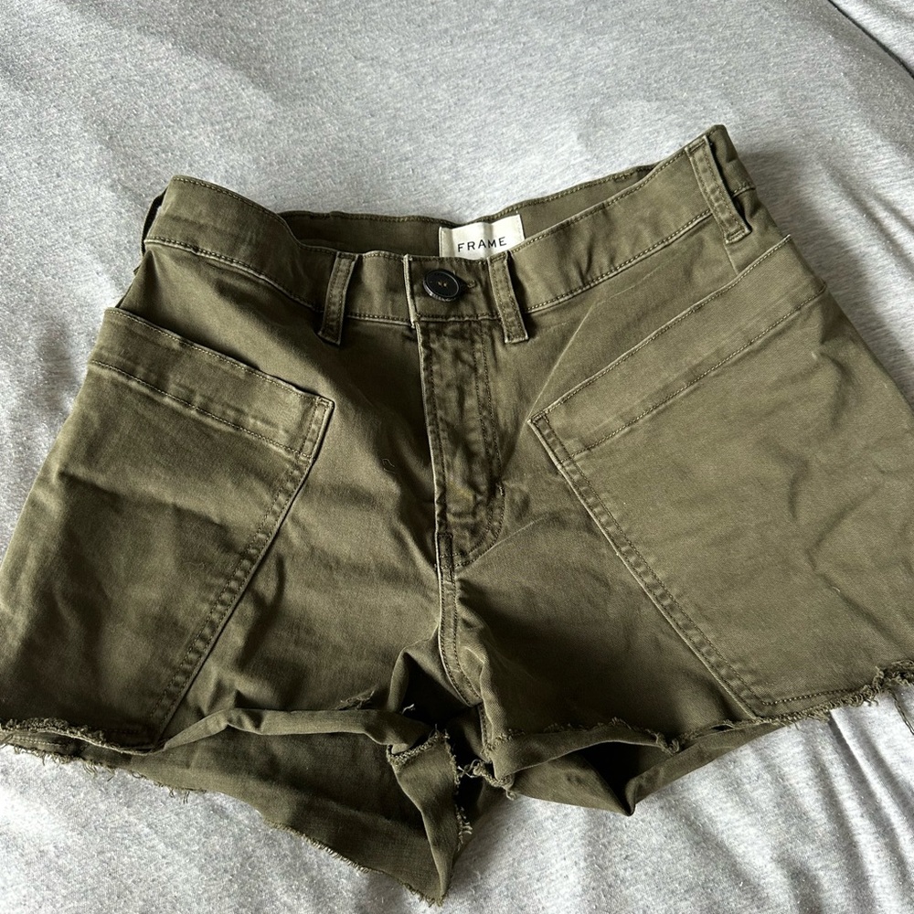 Frame Denim Green Utility Shorts High-Waisted Distressed